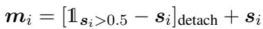 显示使用直通估计器对掩码进行二值化的公式。