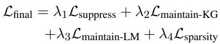 最终损失公式: 抑制、保持-KG、保持-LM 和稀疏性损失的加权和。