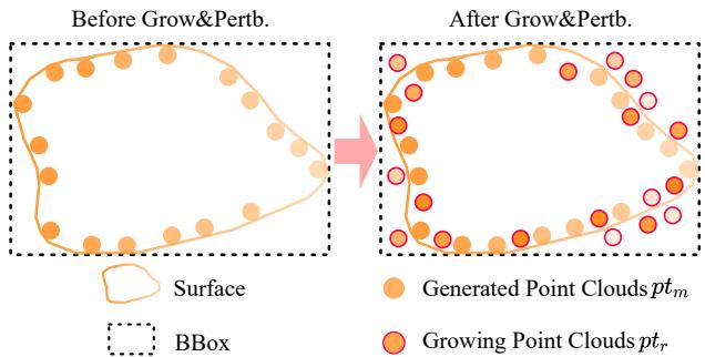 Diagram illustrating the ‘Grow & Pertb’ process. Left: sparse ‘Generated Point Clouds’. Right: denser ‘Growing Point Clouds’ after enrichment.