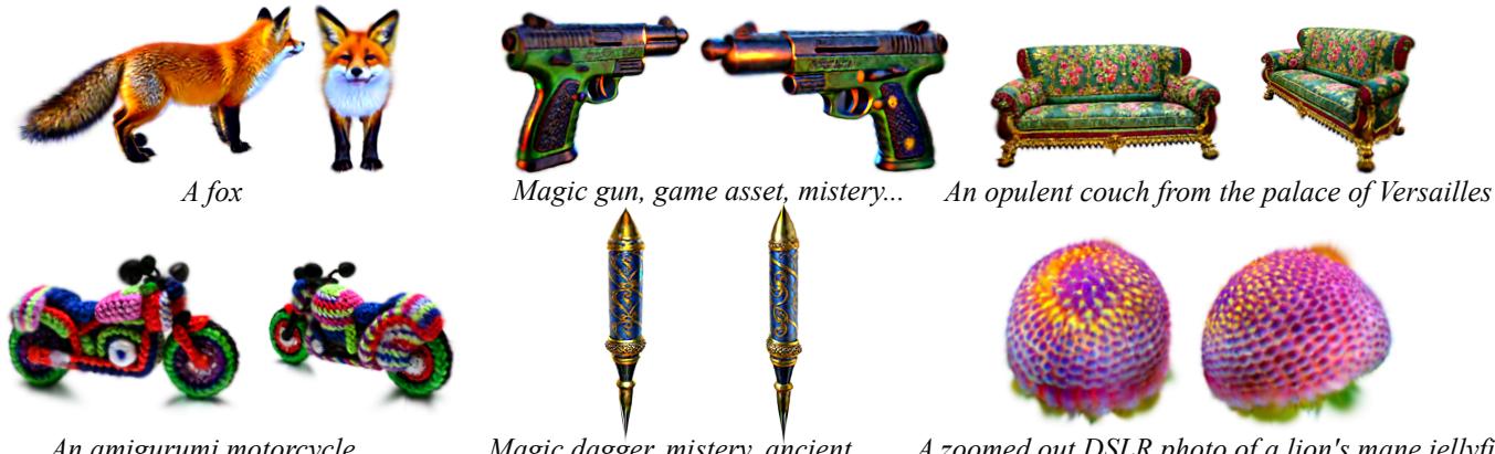 Gallery of samples: fox, magic gun, opulent couch, amigurumi motorcycle, fountain pen, jellyfish.