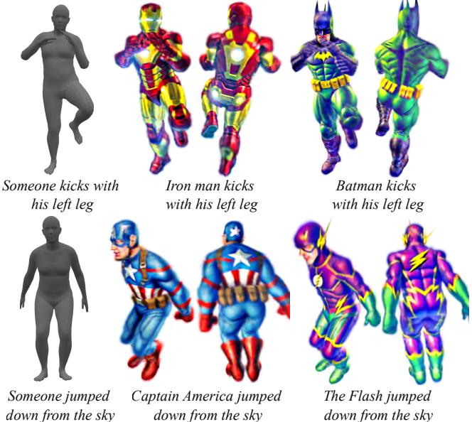 Examples: superheroes in kicking and jumping poses rendered in detail.