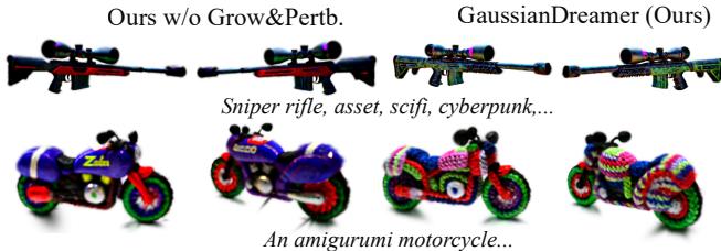 Grow & Pertb ablation: richer sniper rifle, more accurate amigurumi motorcycle with step applied.