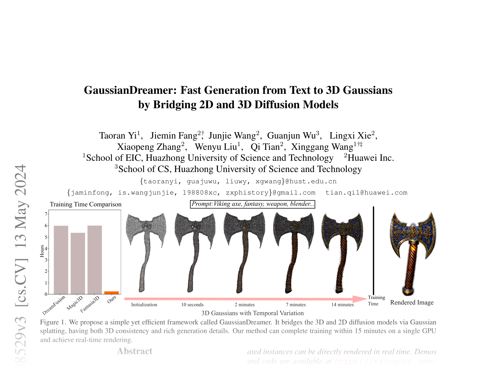 [GaussianDreamer: Fast Generation from Text to 3D Gaussians by Bridging 2D and 3D Diffusion Models 🔗](https://arxiv.org/abs/2310.08529)