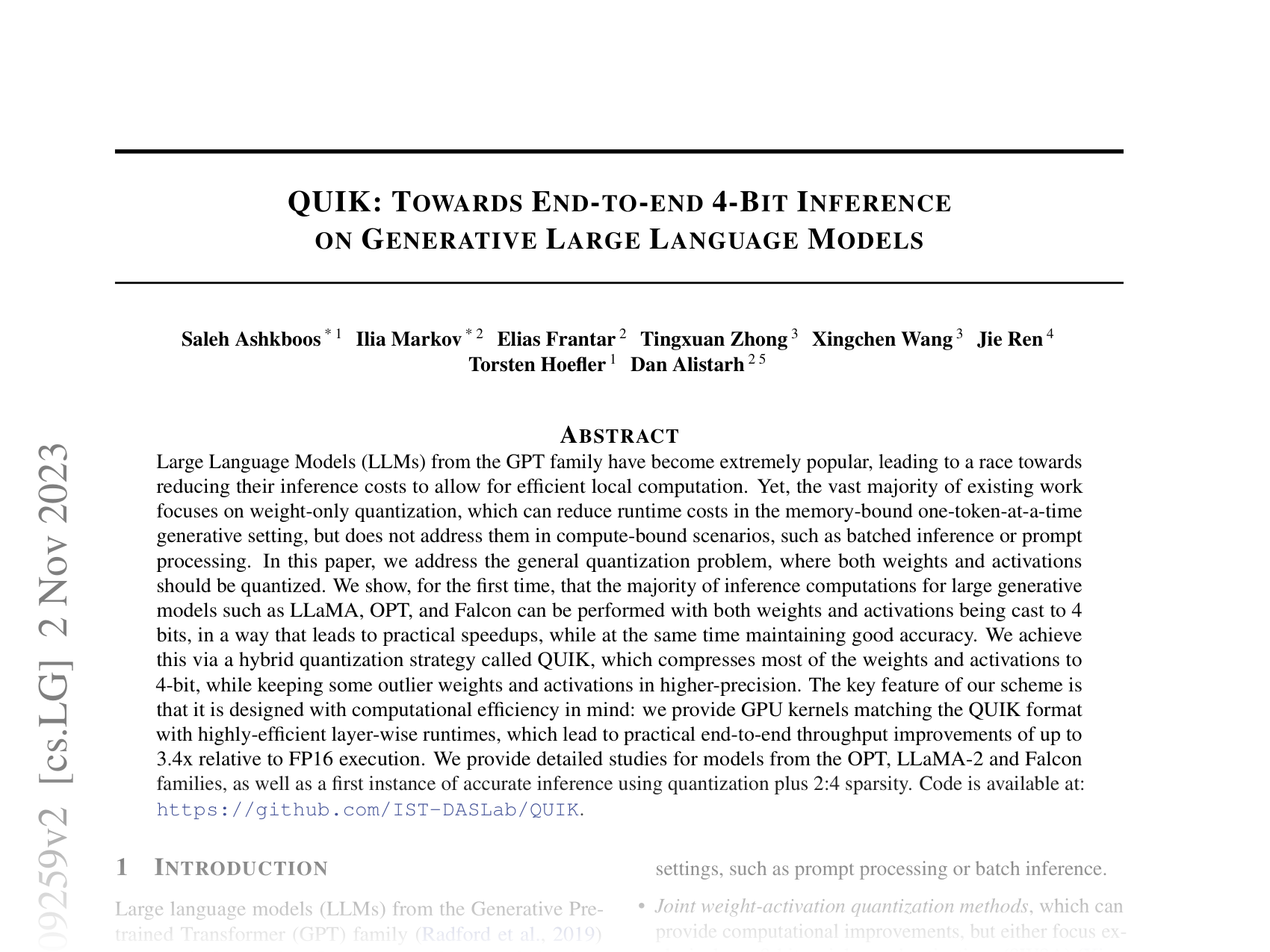 [QUIK: TOWARDS END-TO-END 4-BIT INFERENCE ON GENERATIVE LARGE LANGUAGE MODELS 🔗](https://arxiv.org/abs/2310.09259)