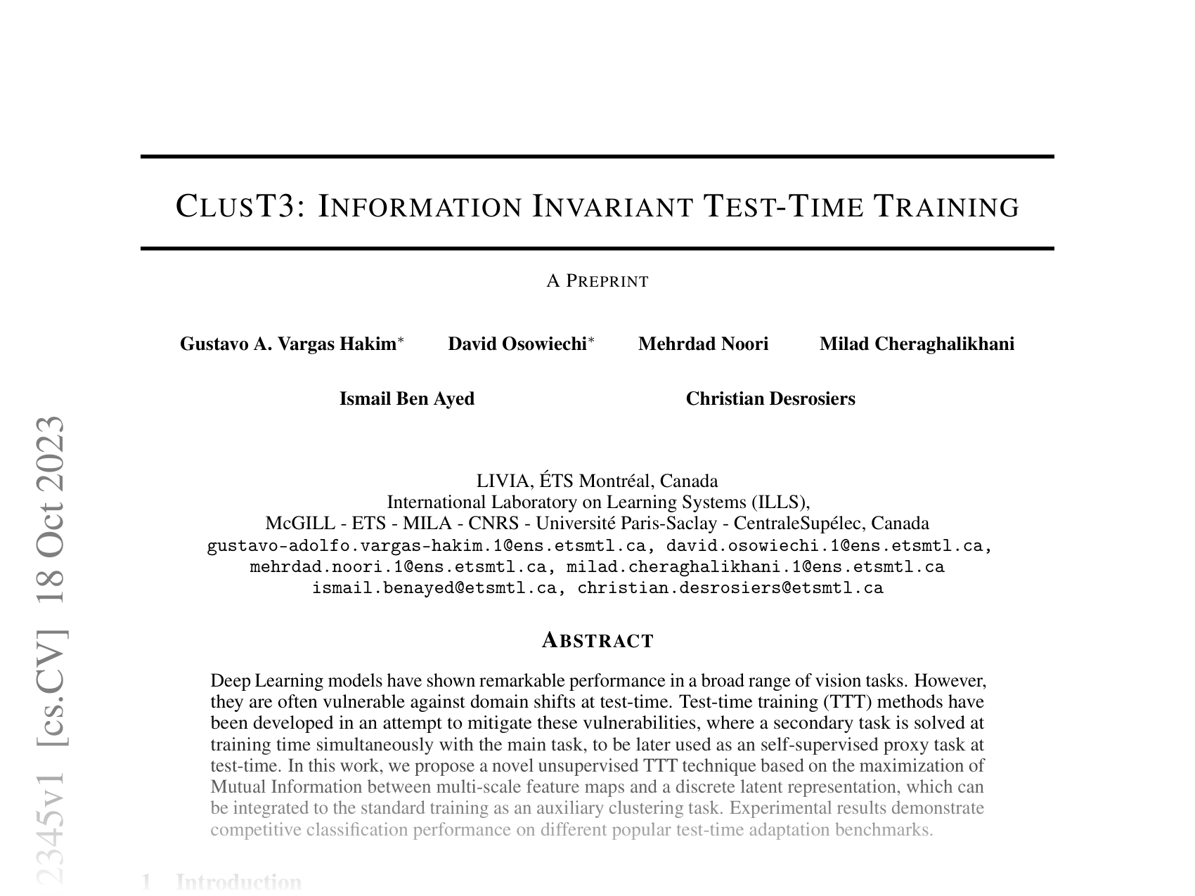 [CLUST3: INFORMATION INVARIANT TEST-TIME TRAINING 🔗](https://arxiv.org/abs/2310.12345)
