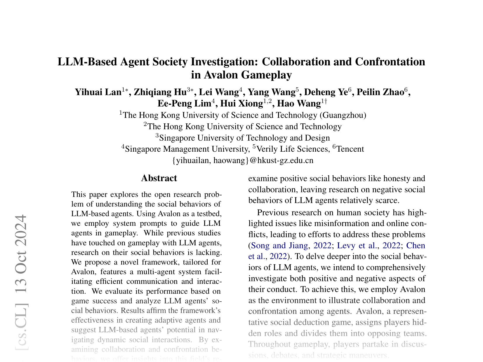 [LLM-Based Agent Society Investigation: Collaboration and Confrontation in Avalon Gameplay 🔗](https://arxiv.org/abs/2310.14985)