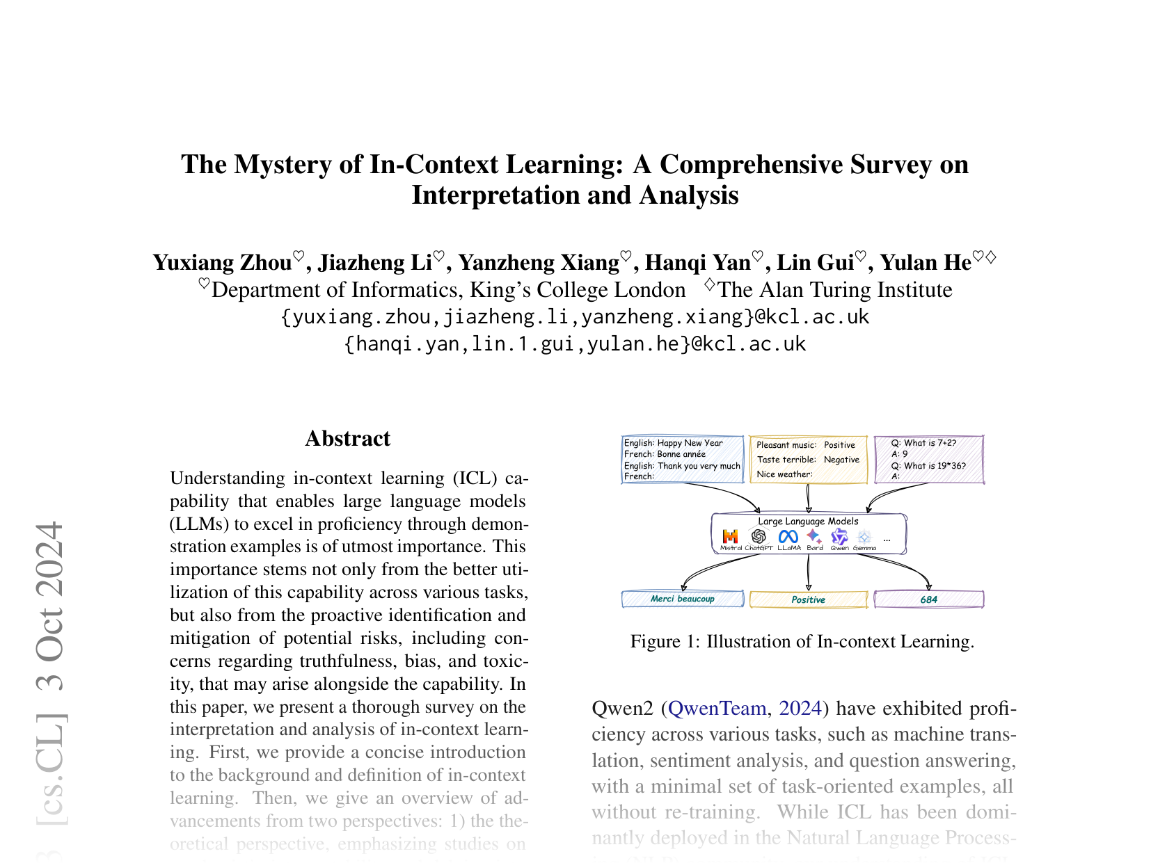 [The Mystery of In-Context Learning: A Comprehensive Survey on Interpretation and Analysis 🔗](https://arxiv.org/abs/2311.00237)