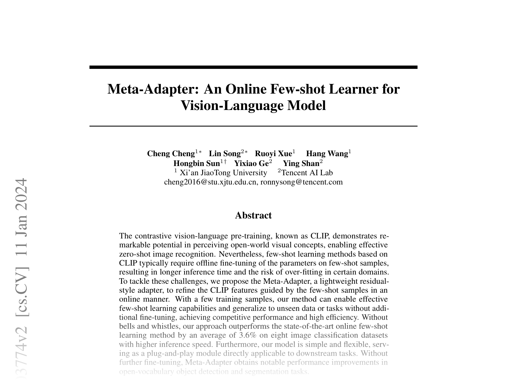 [Meta-Adapter: An Online Few-shot Learner for Vision-Language Model 🔗](https://arxiv.org/abs/2311.03774)