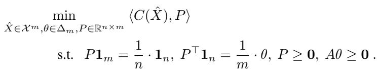 The FWC problem reformulated as a linear program with the transport plan P.
