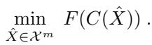 The final formulation: find the features X that minimize an objective function F, which itself is the solution to an inner optimization problem over the transport plan P.