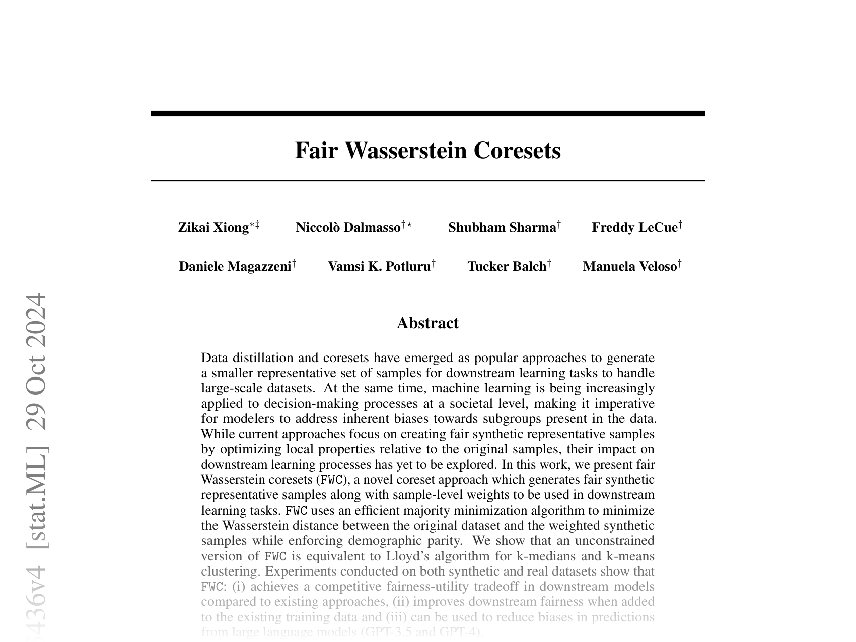 [Fair Wasserstein Coresets 🔗](https://arxiv.org/abs/2311.05436)