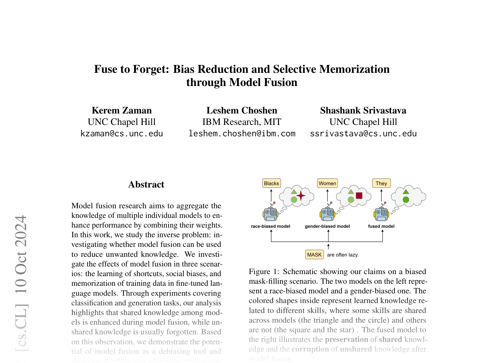 [Fuse to Forget: Bias Reduction and Selective Memorization through Model Fusion 🔗](https://arxiv.org/abs/2311.07682)