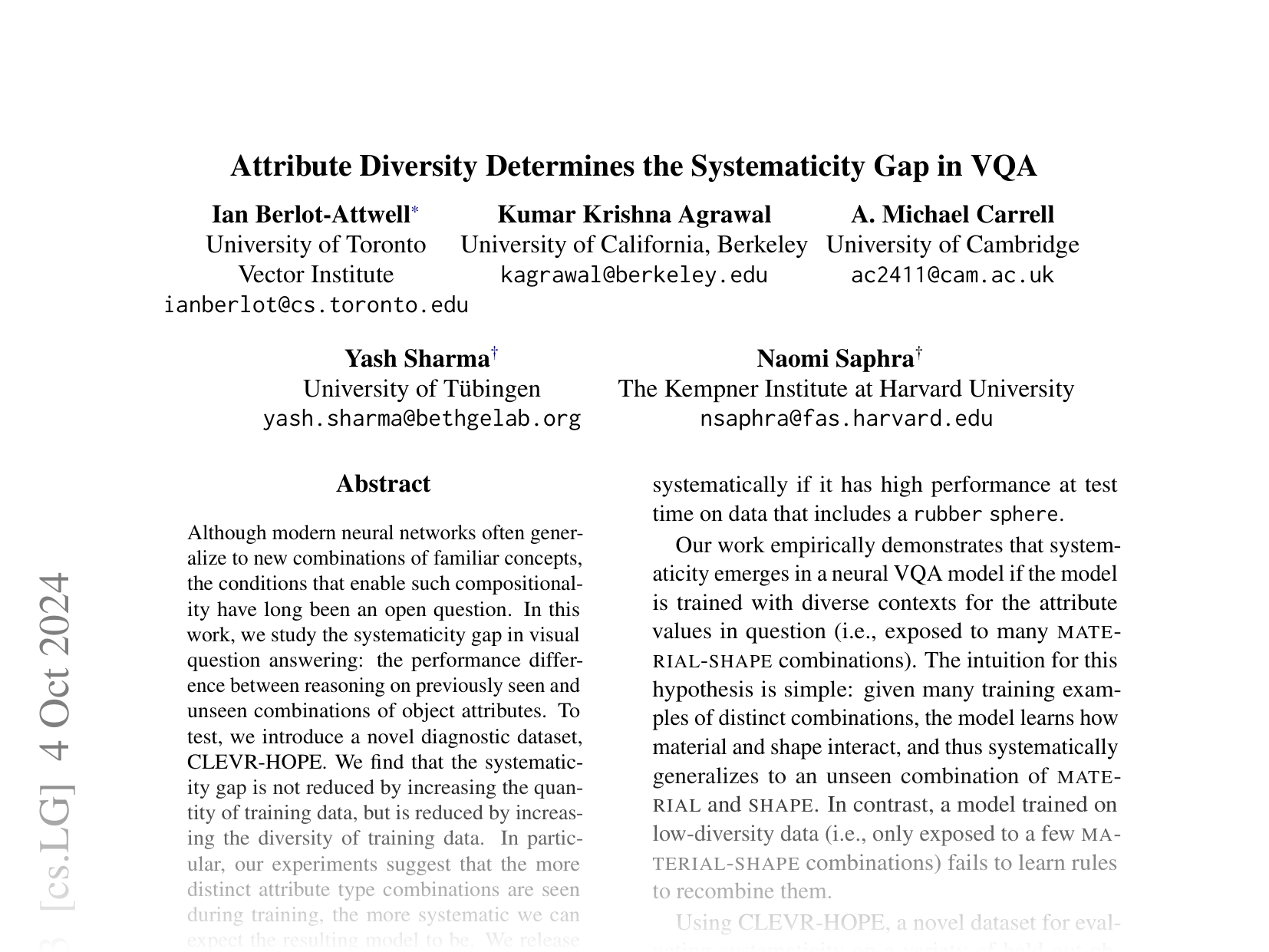 [Attribute Diversity Determines the Systematicity Gap in VQA 🔗](https://arxiv.org/abs/2311.08695)