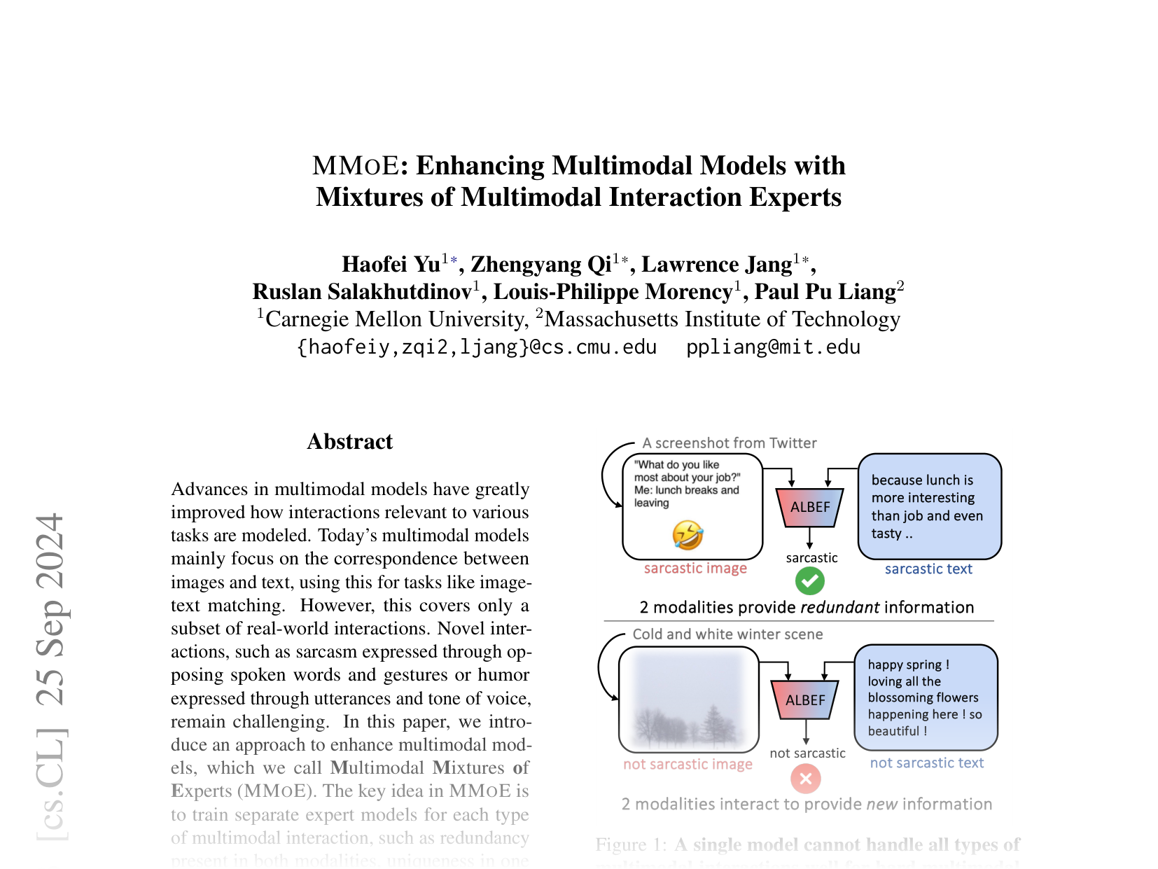 [MMOE: Enhancing Multimodal Models with Mixtures of Multimodal Interaction Experts 🔗](https://arxiv.org/abs/2311.09580)