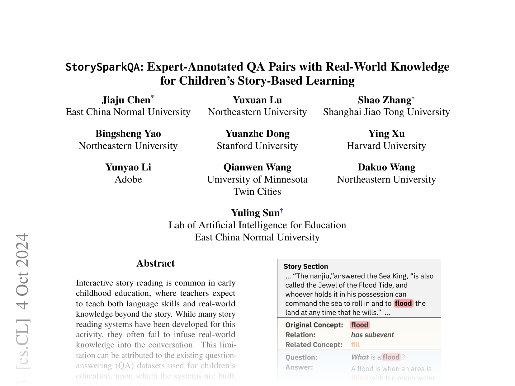 [StorySparkQA: Expert-Annotated QA Pairs with Real-World Knowledge for Children’s Story-Based Learning 🔗](https://arxiv.org/abs/2311.09756)