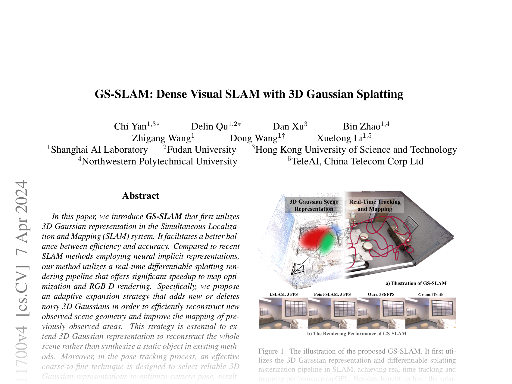 [GS-SLAM: Dense Visual SLAM with 3D Gaussian Splatting 🔗](https://arxiv.org/abs/2311.11700)