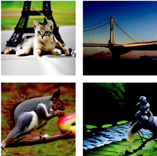 生成的图像示例，显示了小猫、桥梁、松鼠和骑师。