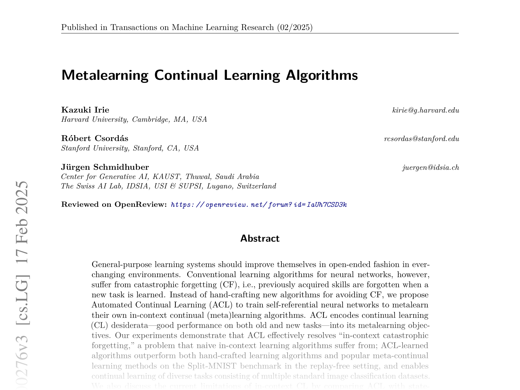 [Metalearning Continual Learning Algorithms 🔗](https://arxiv.org/abs/2312.00276)