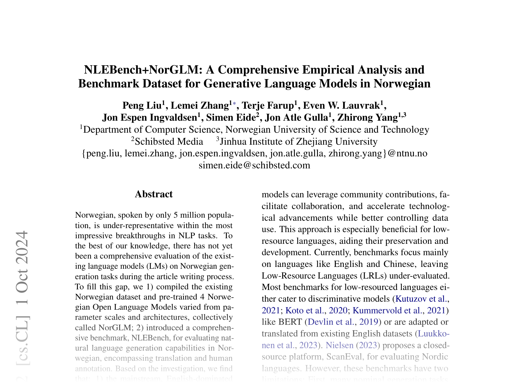 [NLEBench+NorGLM: A Comprehensive Empirical Analysis and Benchmark Dataset for Generative Language Models in Norwegian 🔗](https://arxiv.org/abs/2312.01314)