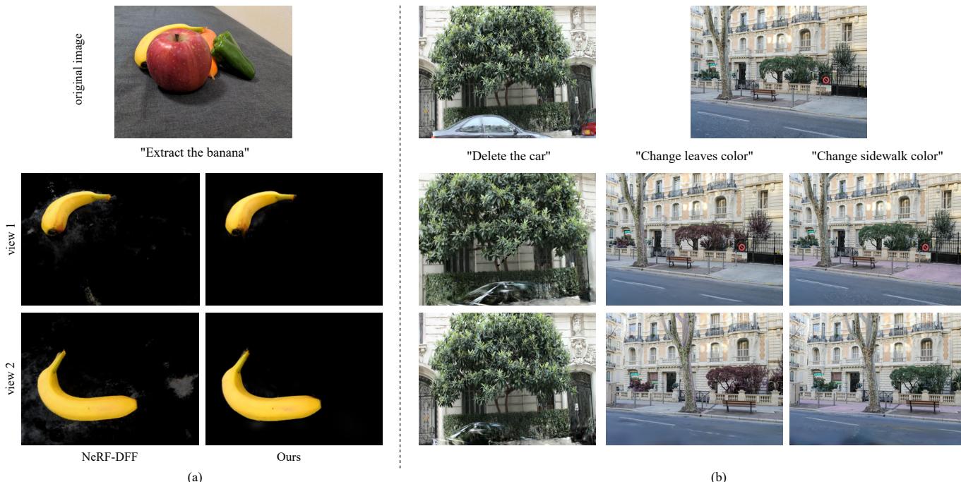 Demonstration of language-guided editing, including object extraction, deletion, and appearance modification, with comparisons to NeRF-DFF.