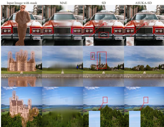Comparison of ASUKA against standard models showing improved object removal and color consistency.