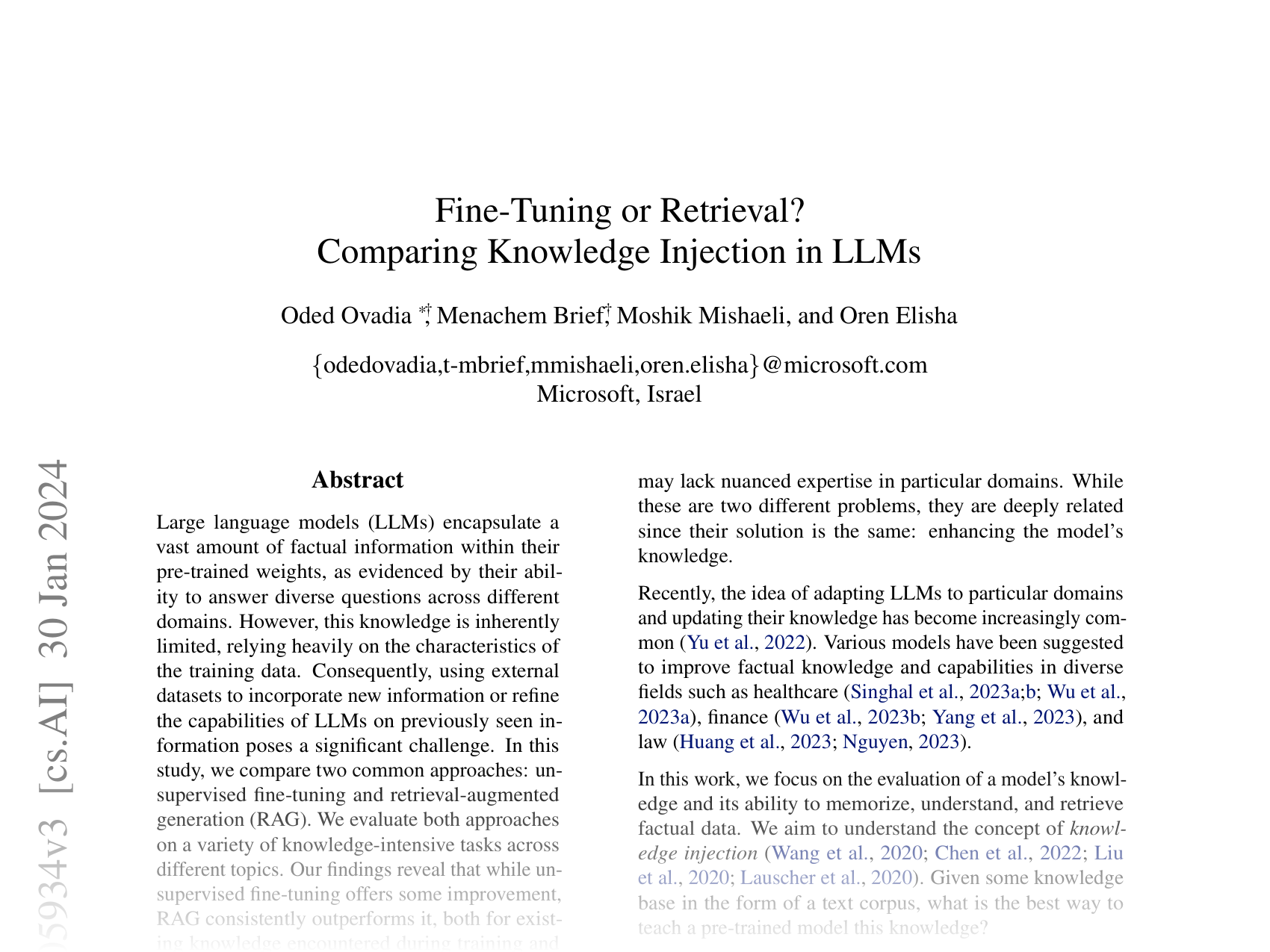 [Fine-Tuning or Retrieval? Comparing Knowledge Injection in LLMs 🔗](https://arxiv.org/abs/2312.05934)