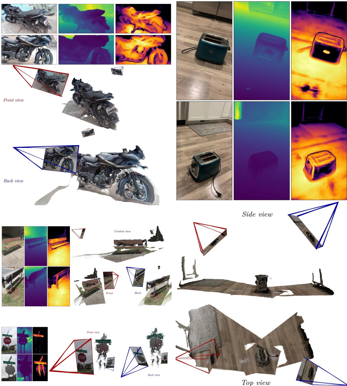 3D reconstructions from opposite viewpoints for various objects.