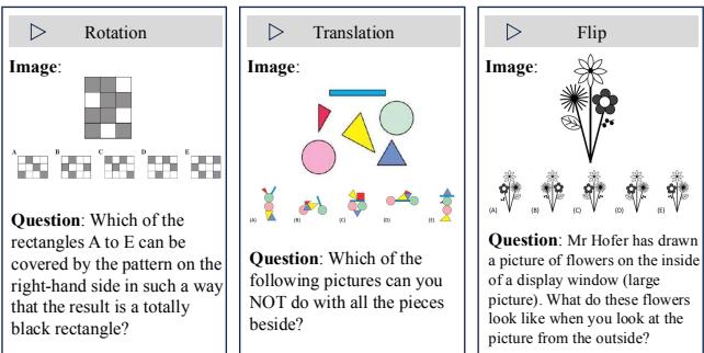 Figure 9: Three main types of questions belonging to the 2D Transformation category.
