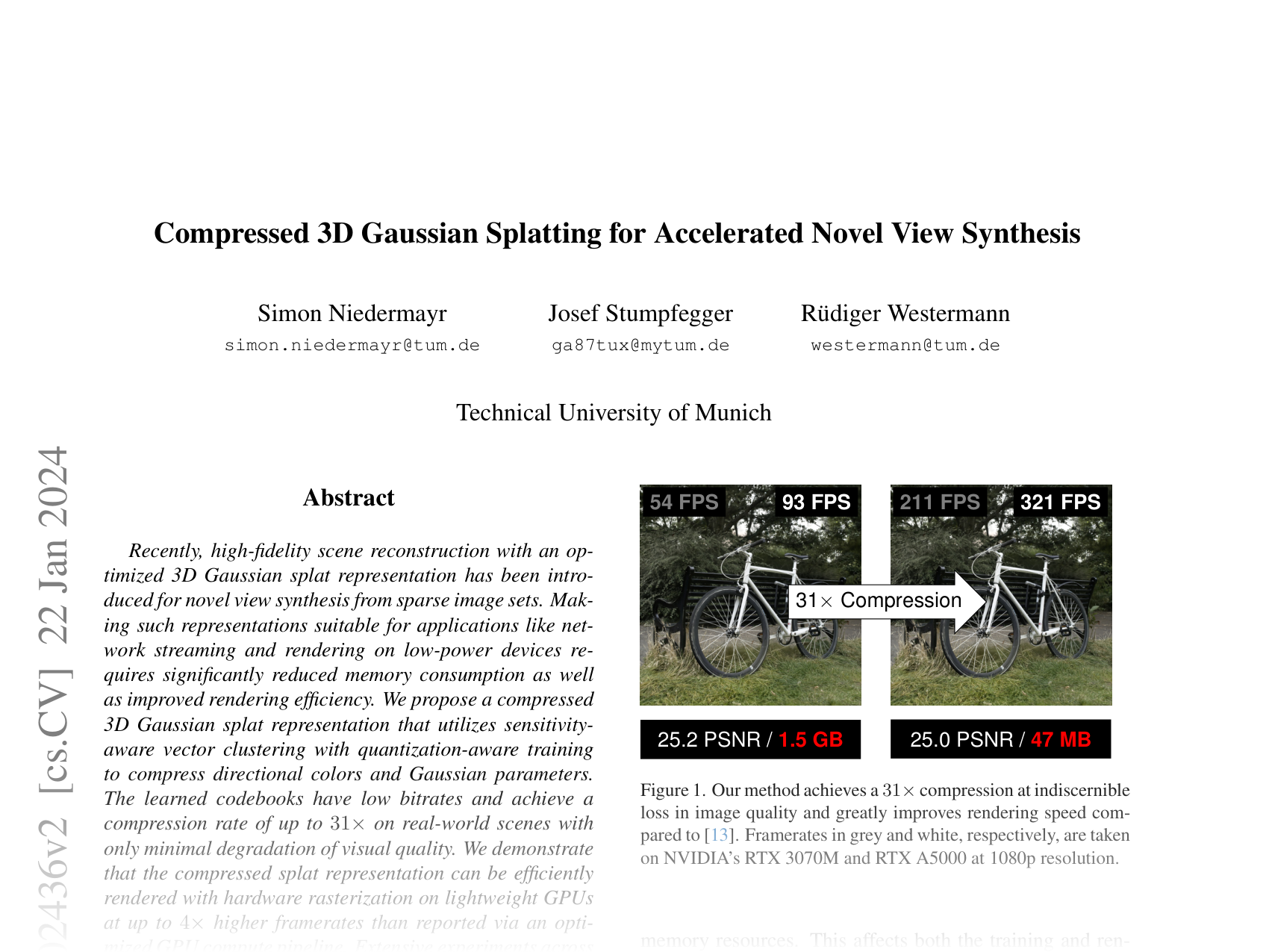 [Compressed 3D Gaussian Splatting for Accelerated Novel View Synthesis 🔗](https://arxiv.org/abs/2401.02436)