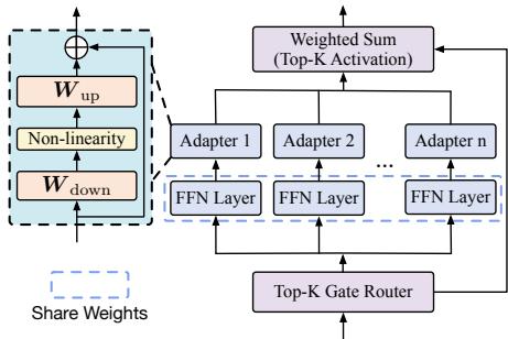 图 3: 利用参数高效专家的 PESC MoE 层详细设计。所有 FFN 层共享相同的权重。