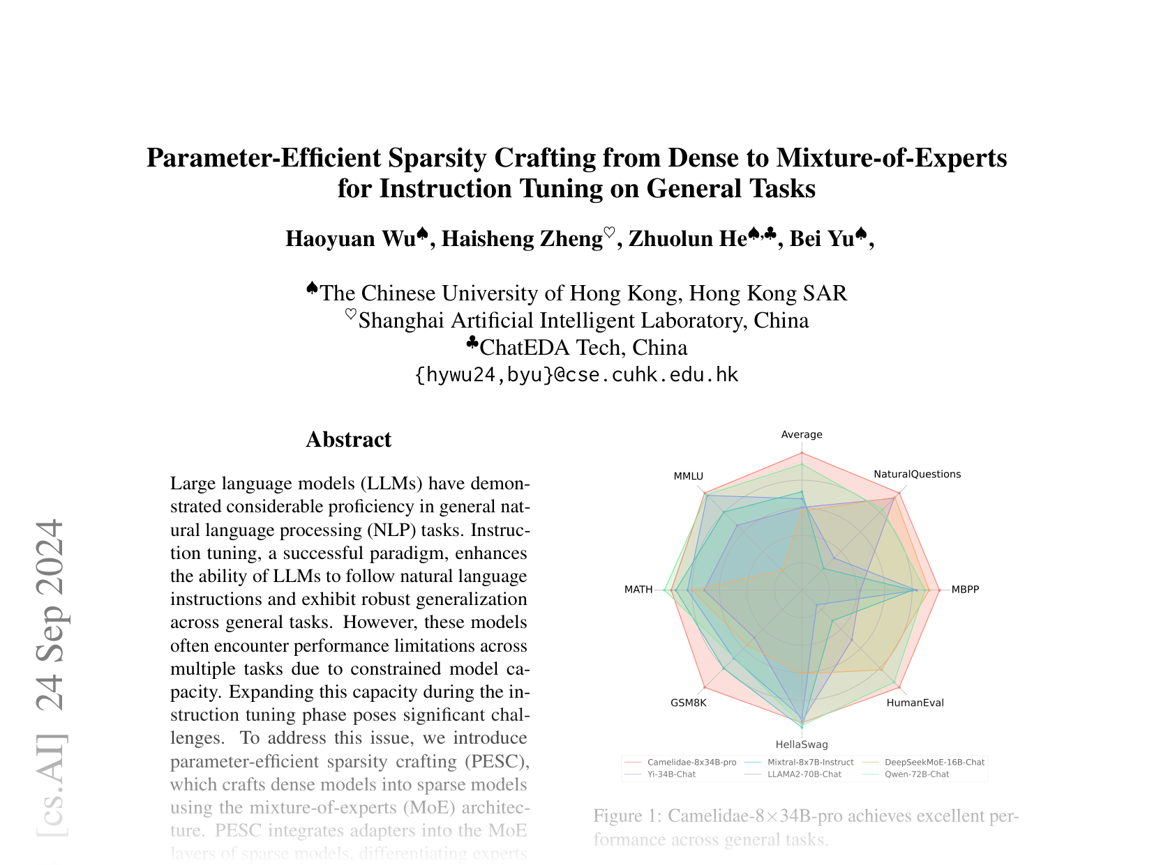 [Parameter-Efficient Sparsity Crafting from Dense to Mixture-of-Experts for Instruction Tuning on General Tasks 🔗](https://arxiv.org/abs/2401.02731)