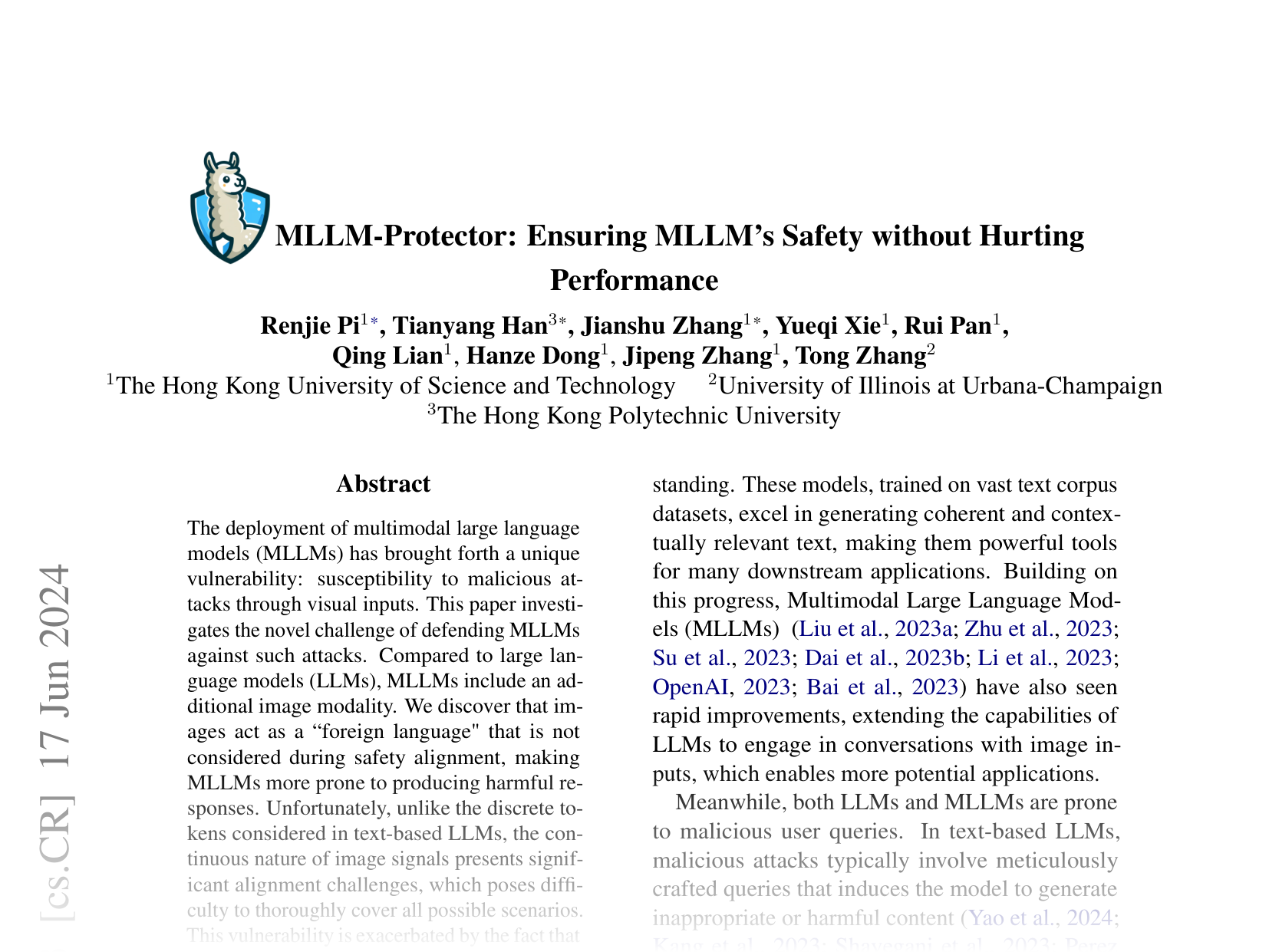 [MLLM-Protector: Ensuring MLLM’s Safety without Hurting Performance 🔗](https://arxiv.org/abs/2401.02906)