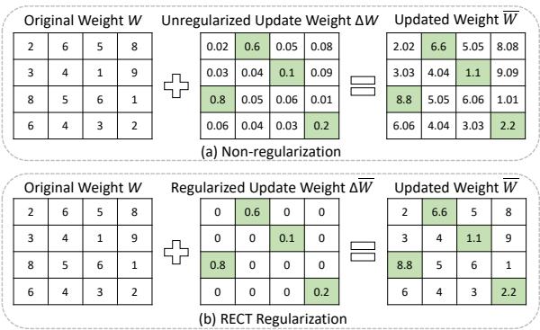 非正则化与提出的 RECT 正则化的比较。