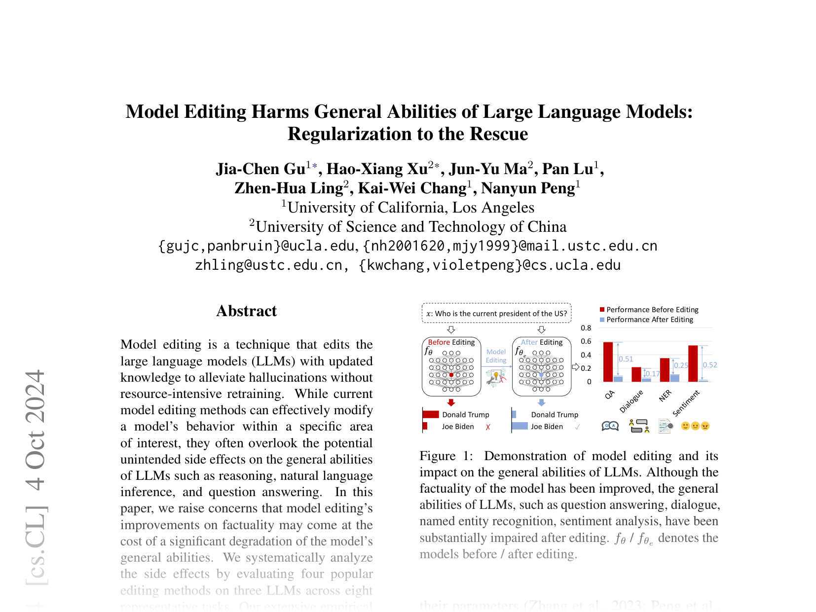 [Model Editing Harms General Abilities of Large Language Models: Regularization to the Rescue 🔗](https://arxiv.org/abs/2401.04700)