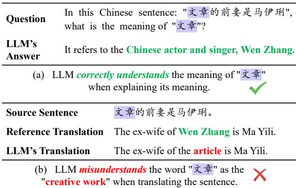 图 1: 说明 LLM 内部一般理解能力与翻译特定理解能力之间的错位。