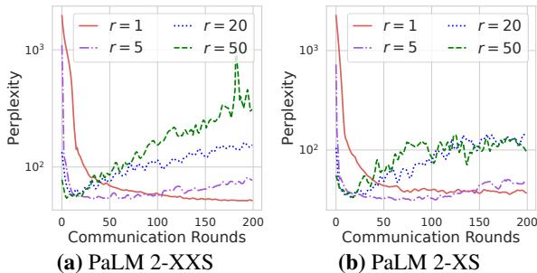 图 3: 不同秩下同构 LoRA 的性能。