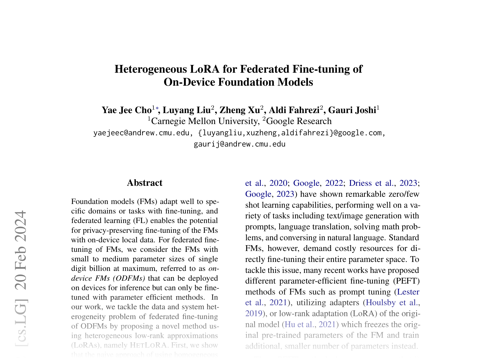 [Heterogeneous LoRA for Federated Fine-tuning of On-Device Foundation Models 🔗](https://arxiv.org/abs/2401.06432)