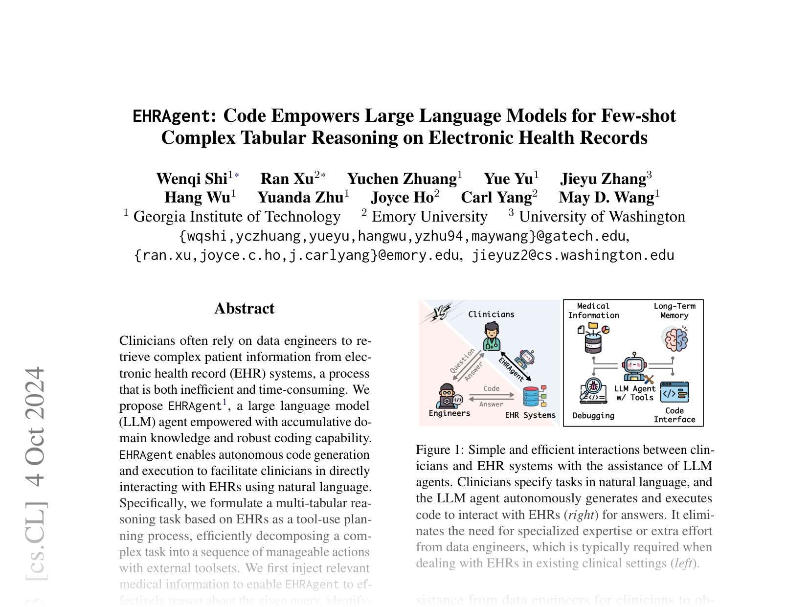 [EHRAgent: Code Empowers Large Language Models for Few-shot Complex Tabular Reasoning on Electronic Health Records 🔗](https://arxiv.org/abs/2401.07128)