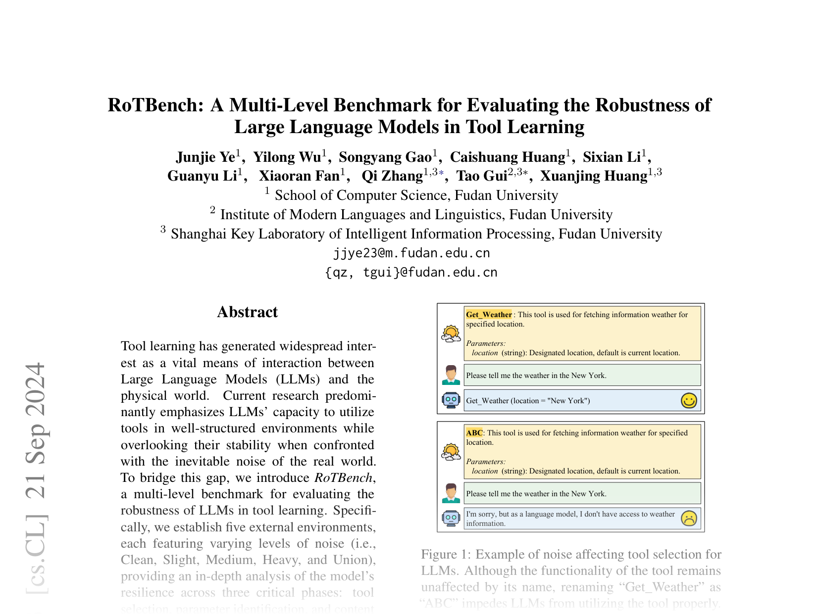 [RoTBench: A Multi-Level Benchmark for Evaluating the Robustness of Large Language Models in Tool Learning 🔗](https://arxiv.org/abs/2401.08326)