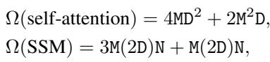 A comparison of the computational complexity formulas for self-attention and the State Space Model (SSM), highlighting quadratic vs. linear scaling.
