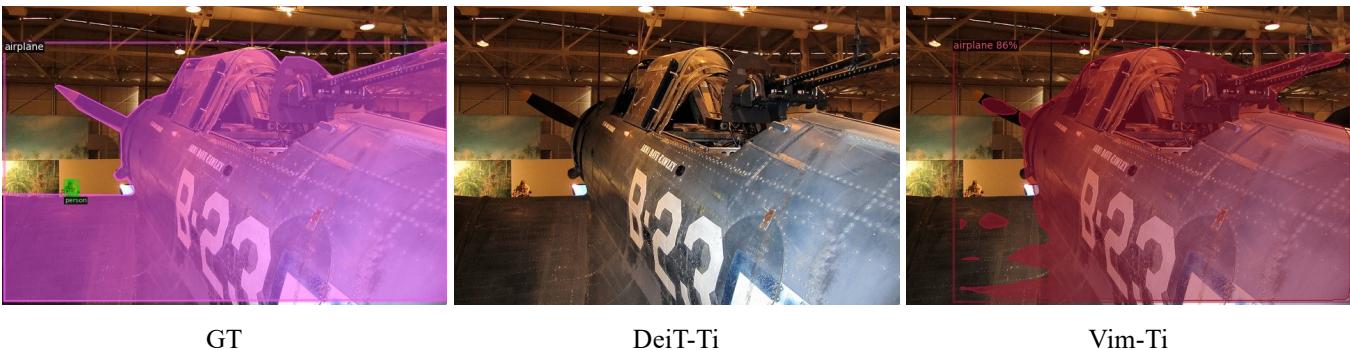 A visual comparison showing Vim-Ti correctly segmenting a large B-29 bomber, while DeiT-Ti only captures part of it.