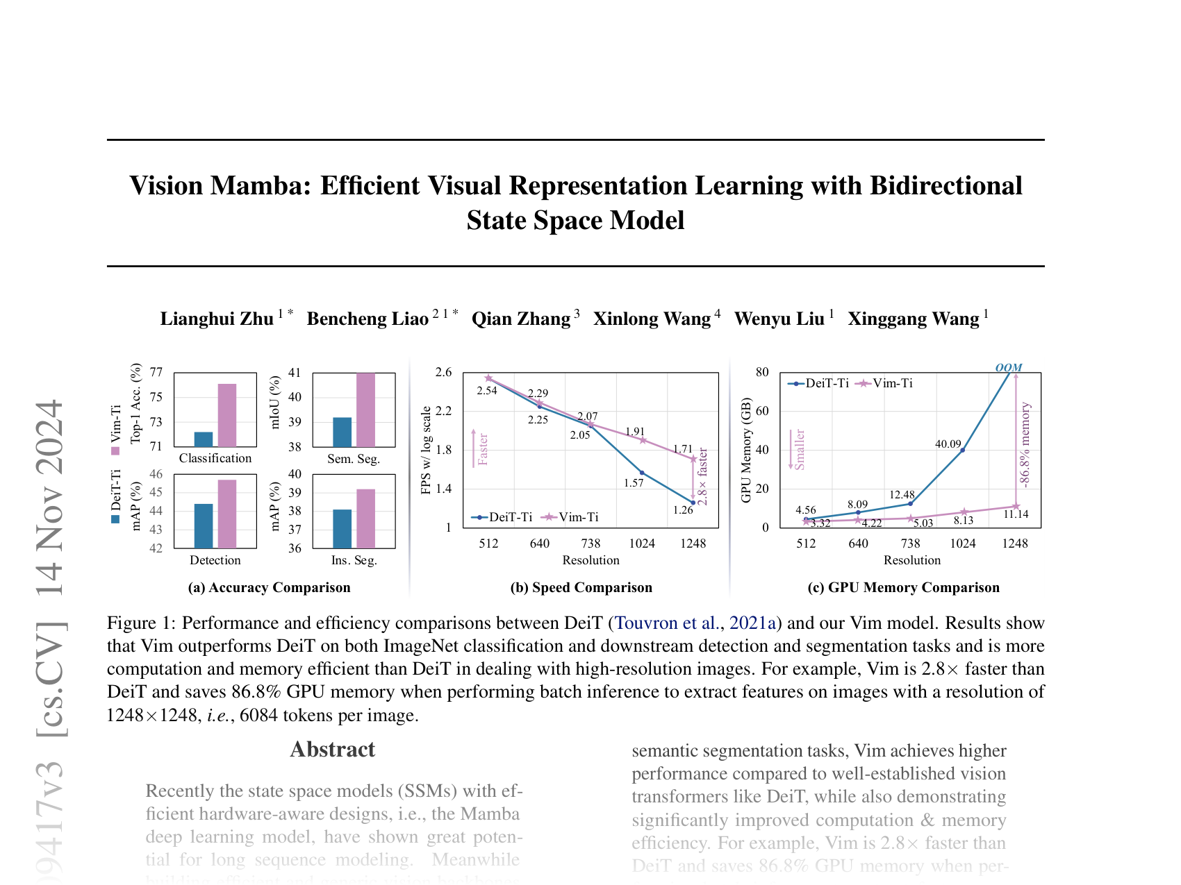 [Vision Mamba: Efficient Visual Representation Learning with Bidirectional State Space Model 🔗](https://arxiv.org/abs/2401.09417)