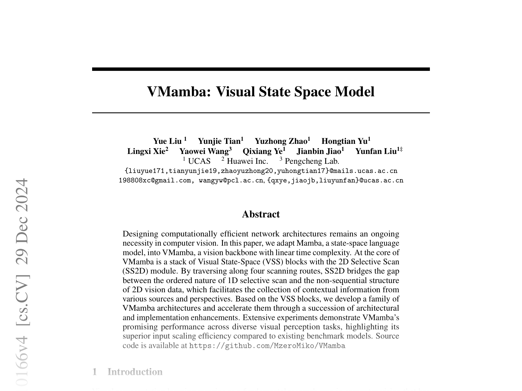 [VMamba: Visual State Space Model 🔗](https://arxiv.org/abs/2401.10166)