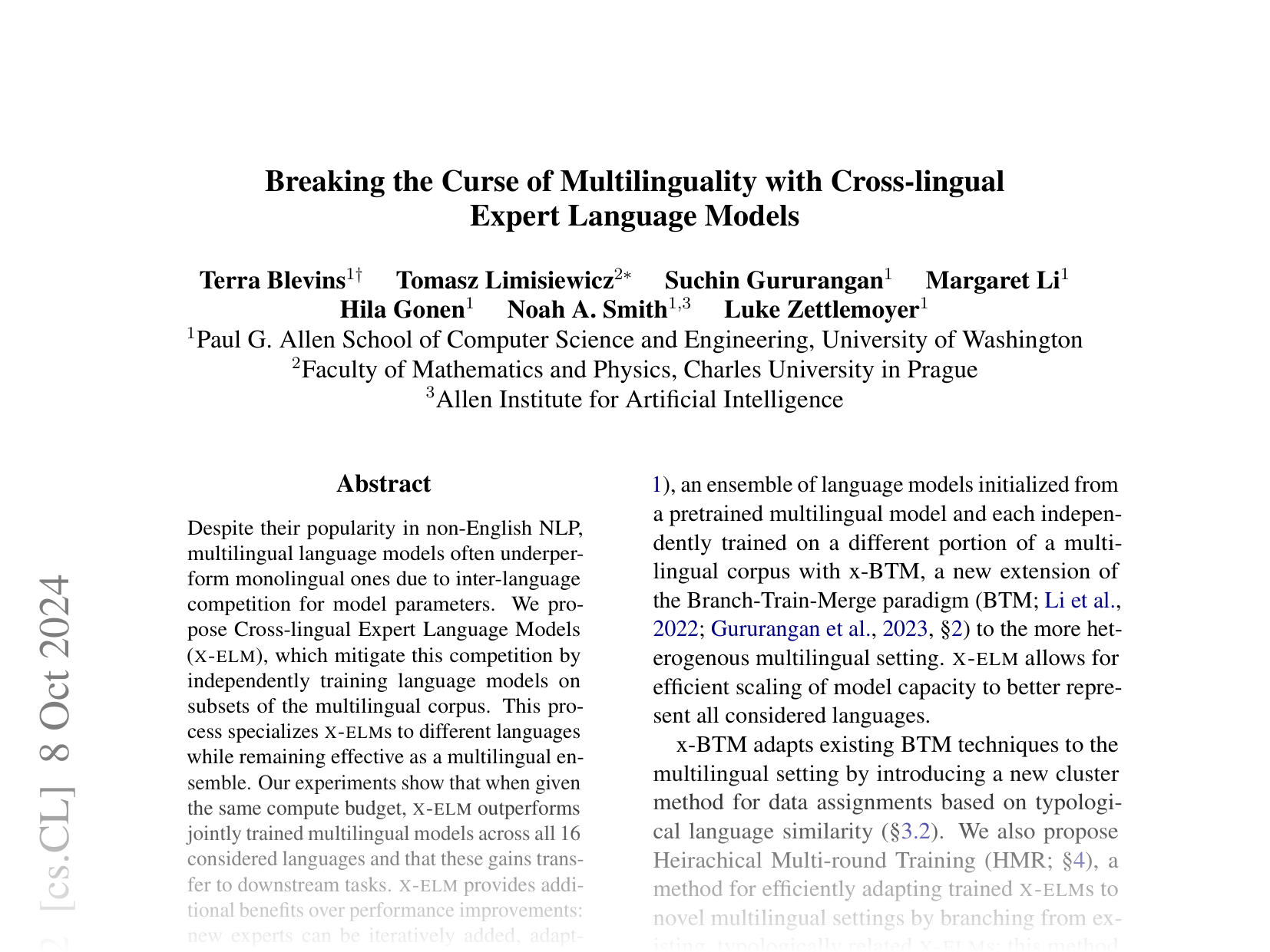 [Breaking the Curse of Multilinguality with Cross-lingual Expert Language Models 🔗](https://arxiv.org/abs/2401.10440)