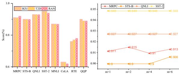 Figure 4: The left shows the performance of HiFT of RoBERTa_base under B2U, T2D and RAN strategies.