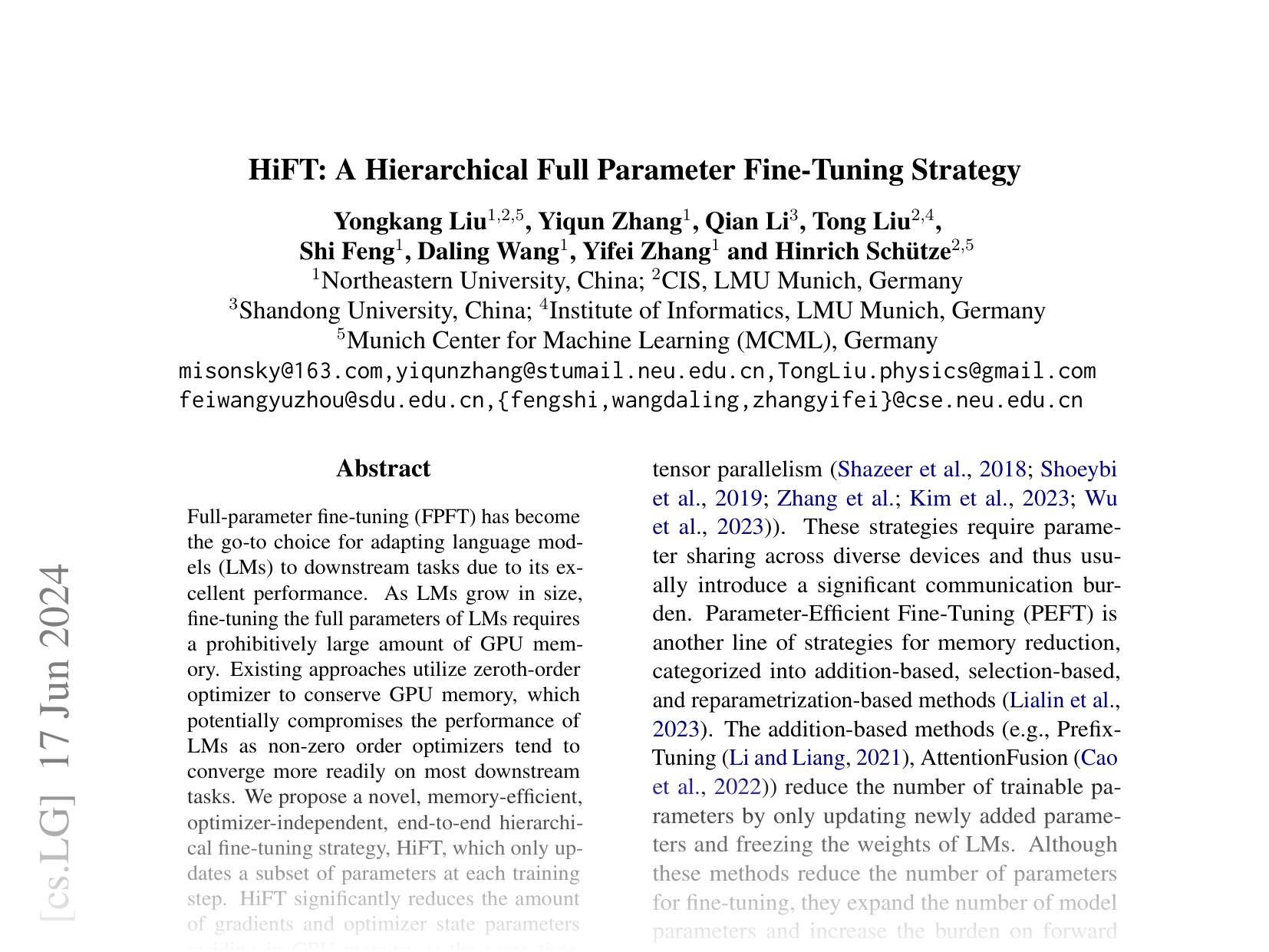 [HiFT: A Hierarchical Full Parameter Fine-Tuning Strategy 🔗](https://arxiv.org/abs/2401.15207)