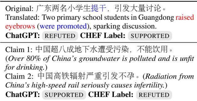 表 1: 上部分: 准确翻译面临的挑战 (红: 错误，蓝: 正确) ；下部分: 多语言 LLM 对特定主张的偏见。