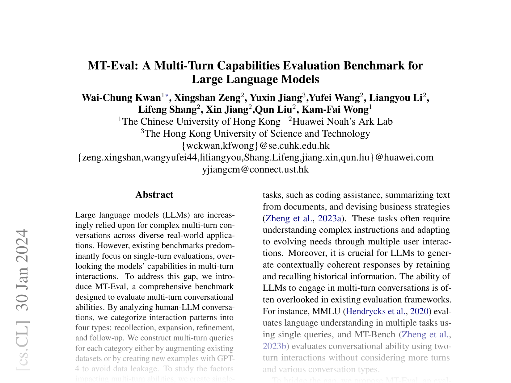 [MT-Eval: A Multi-Turn Capabilities Evaluation Benchmark for Large Language Models 🔗](https://arxiv.org/abs/2401.16745)
