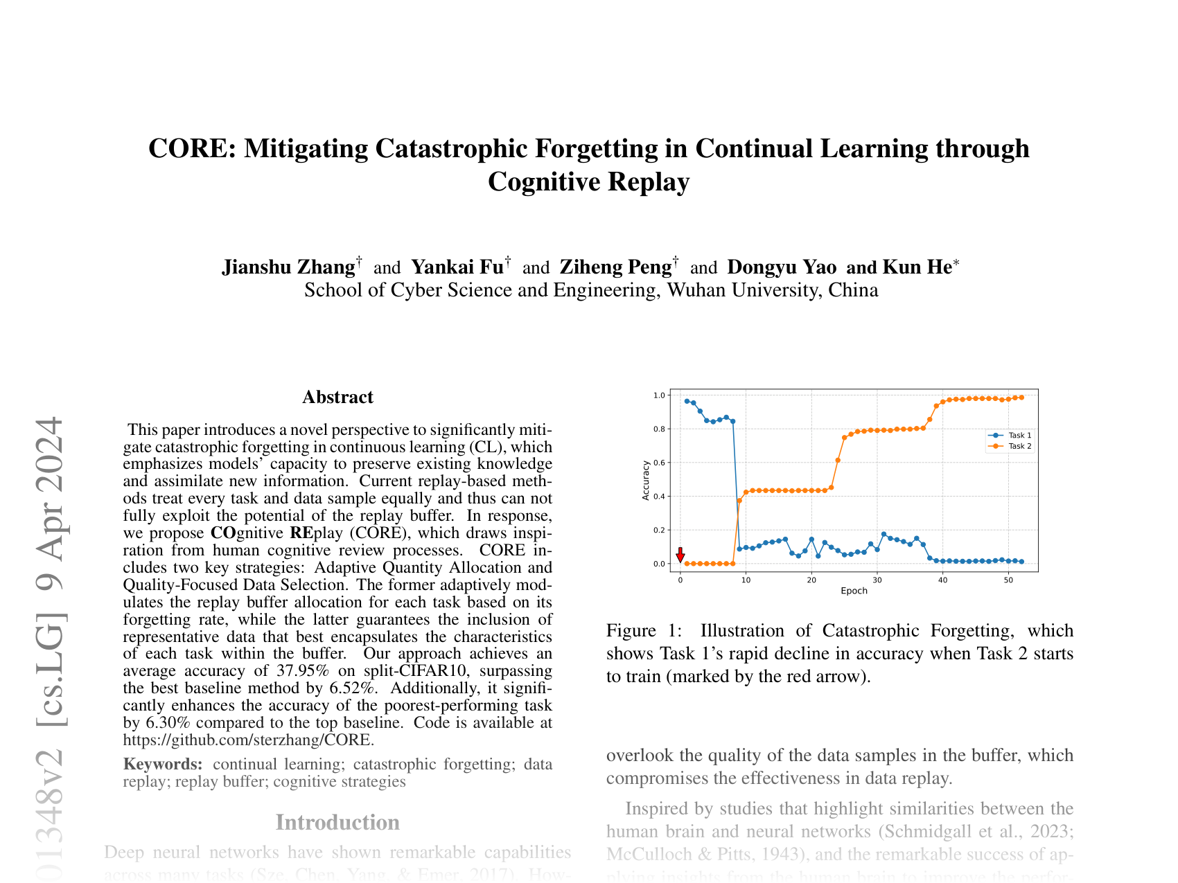 [CORE: Mitigating Catastrophic Forgetting in Continual Learning through Cognitive Replay 🔗](https://arxiv.org/abs/2402.01348)