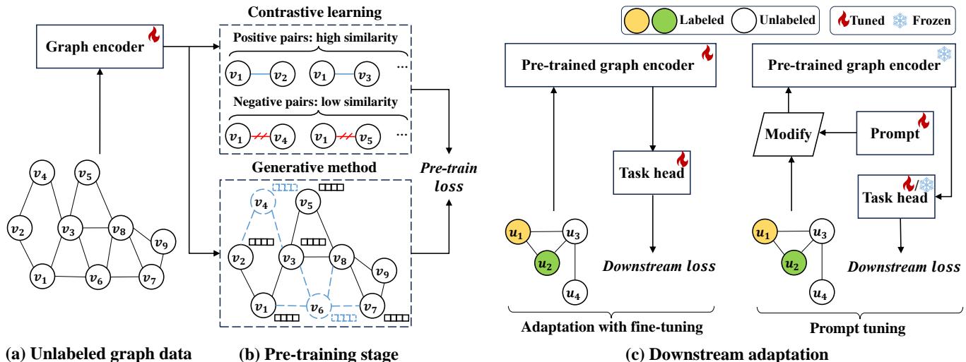 Pre-training and adaptation process for graphs, including contrastive and generative strategies and fine-tuning or prompt tuning.